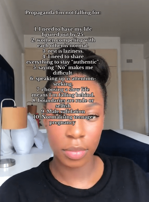 Propaganda I'm not falling for TikTok video with a woman in a black shirt.