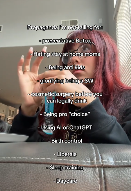 Propaganda I'm not falling for TikTok video with a woman sitting on a couch.