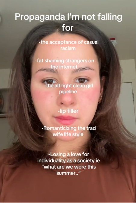Propaganda I'm not falling for TikTok video with a woman in a brown shirt.