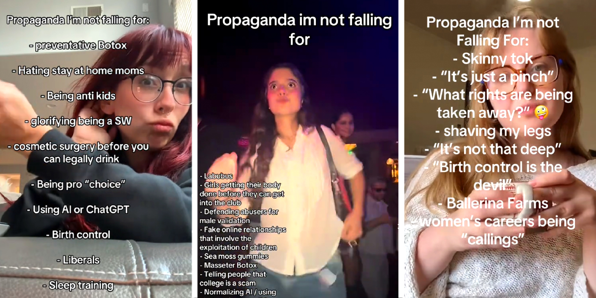 3 panel image showing examples of the current TikTok trend where people list "propaganda" they are "not falling for".