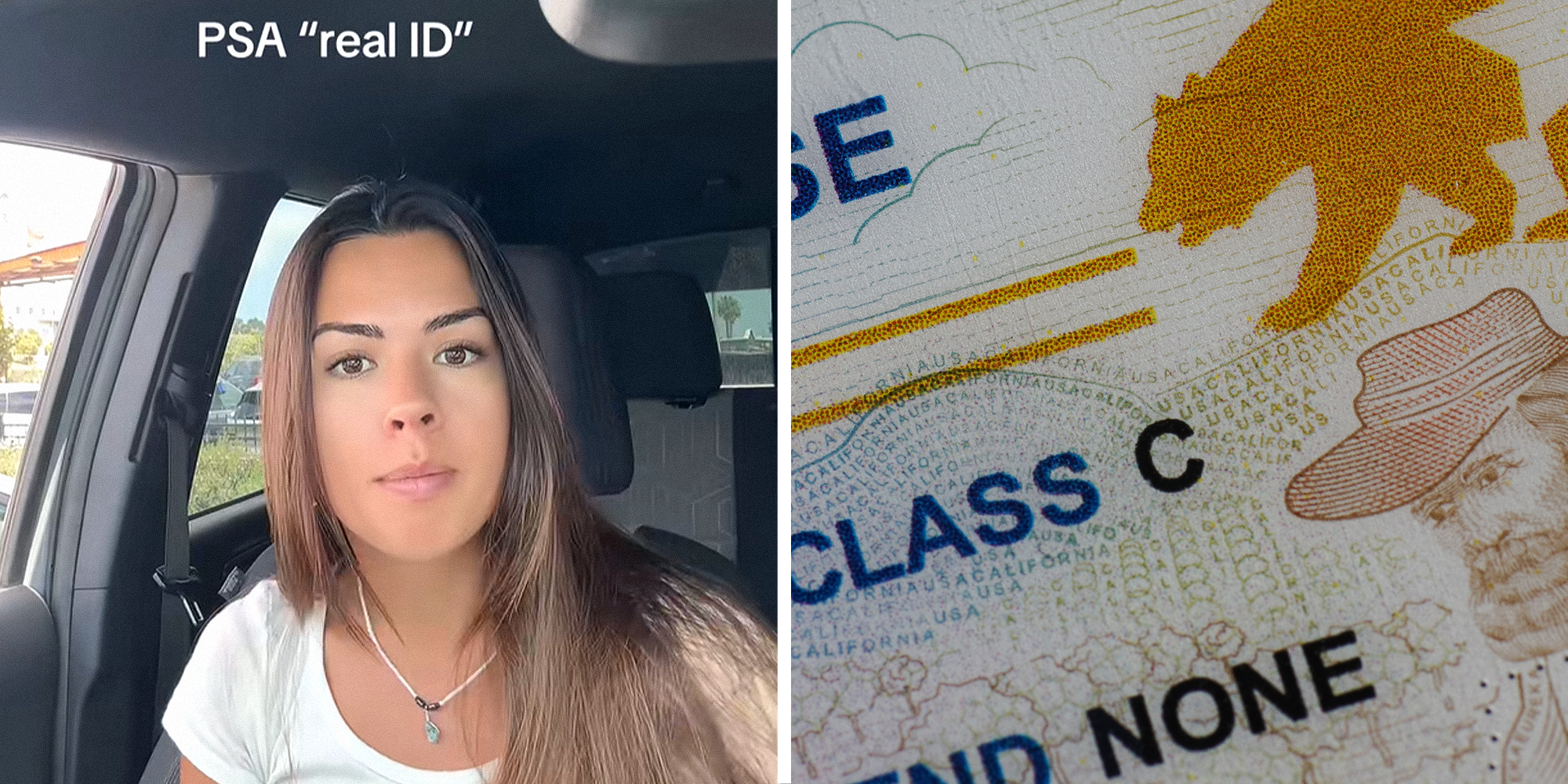 Two panel image. Woman sitting in car with caption that reads: "PSA 'real ID'" on left. Close up of driver license on right.