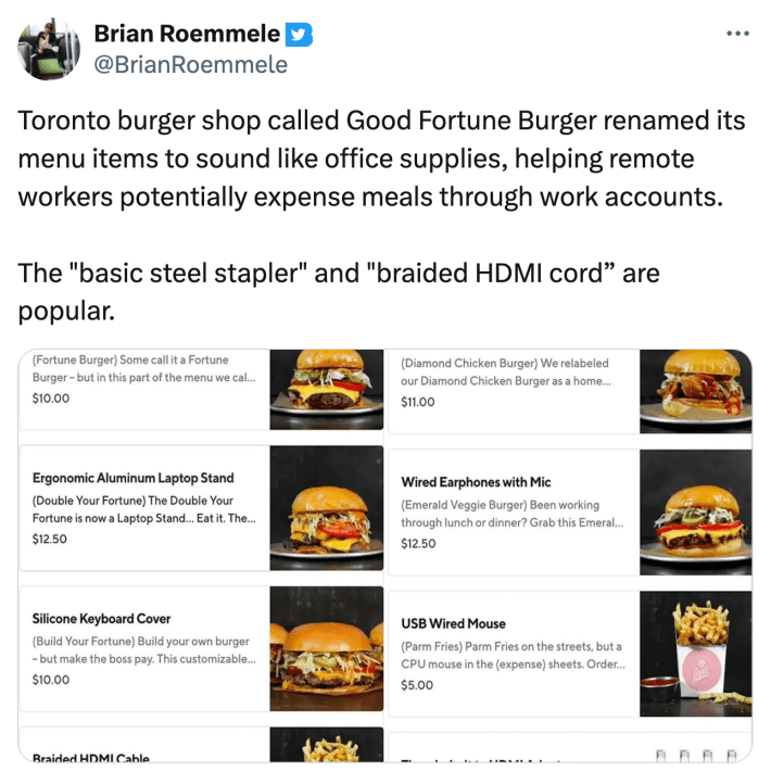 Tweet that describes what Good Fortune Burger did for their marketing campaign with a screenshot of their menu items.