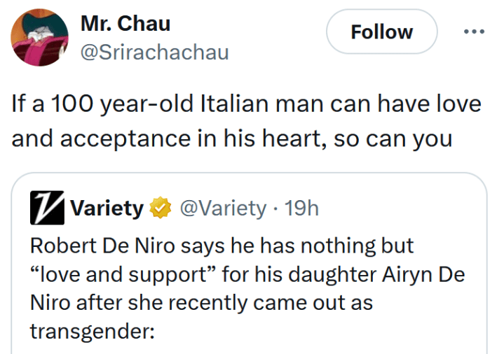 Robert De Niro trans daughter tweet reading "If a 100 year-old Italian man can have love and acceptance in his heart, so can you"
