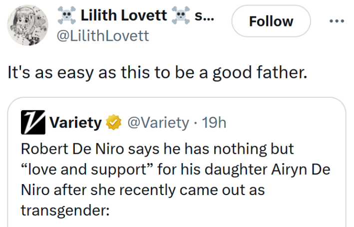 Robert De Niro trans daughter tweet reading "It's as easy as this to be a good father."