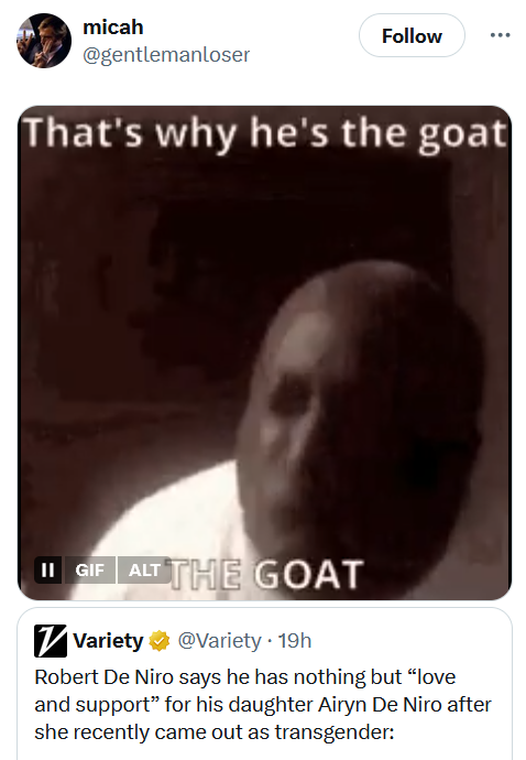 Tweet with a gif of a man shouting "That's why he's the goat, THE GOAT."