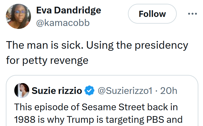 Tweet reading "The man is sick. Using the presidency for petty revenge"