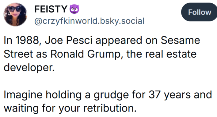 Bluesky post reading "In 1988, Joe Pesci appeared on Sesame Street as Ronald Grump, the real estate developer. Imagine holding a grudge for 37 years and waiting for your retribution."