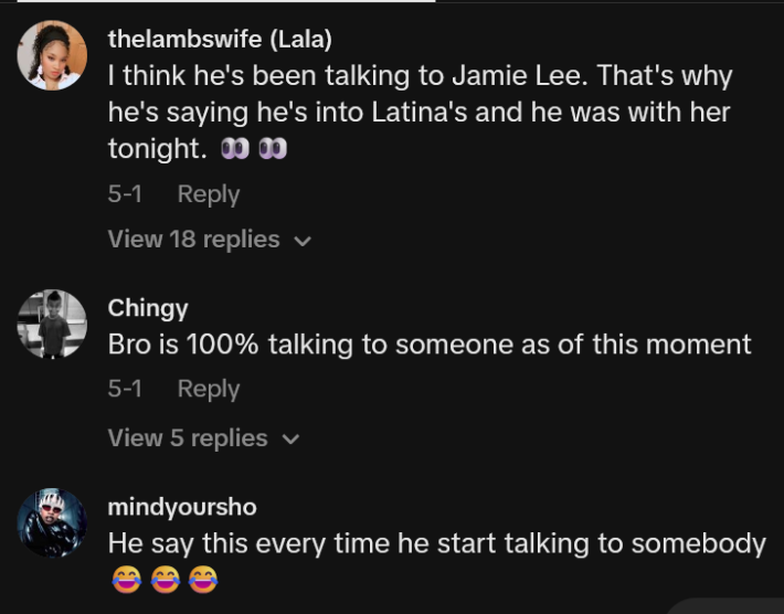 TikTok comments including one reading "I think he's been talking to Jamie Lee. That's why he's saying he's into Latina's and he was with her tonight"