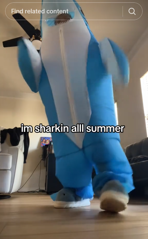 Sharking all summer meme TikTok video with a left shark costume.