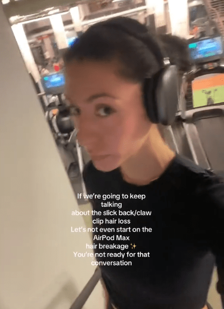 Slicked back bun traction alopecia TikTok video about the AirPod Max.