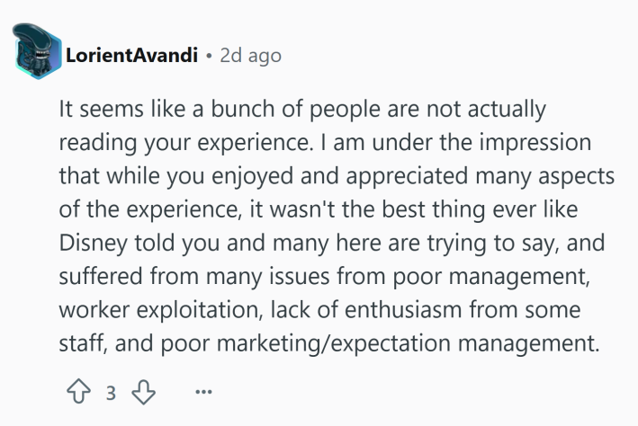 Reddit comment that reads, "It seems like a bunch of people are not actually reading your experience. I am under the impression that while you enjoyed and appreciated many aspects of the experience, it wasn't the best thing ever like Disney told you and many here are trying to say, and suffered from many issues from poor management, worker exploitation, lack of enthusiasm from some staff, and poor marketing/expectation management."
