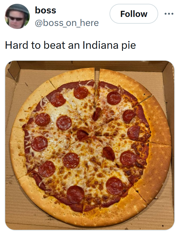 Tweet reading "Hard to beat an Indiana pie"