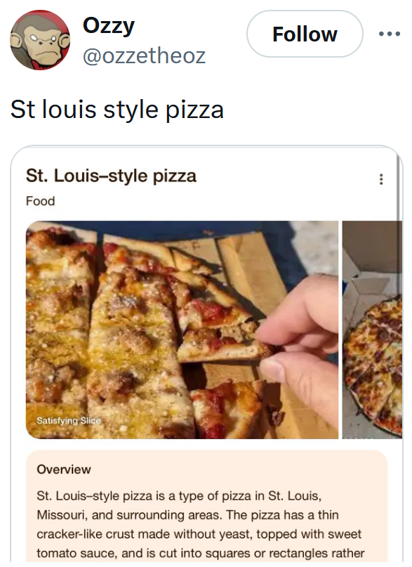 State with the worst pizza tweet reading "St louis style pizza" with a screenshot describing this type of pizza.