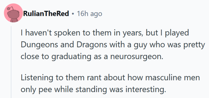 Reddit comment reading "I haven't spoken to them in years, but I played Dungeons and Dragons with a guy who was pretty close to graduating as a neurosurgeon. Listening to them rant about how masculine men only pee while standing was interesting."