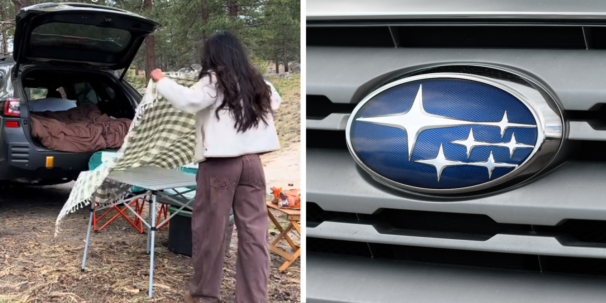 2 panel image: on the left a person spreads a tablecloth onto a folding table. On the right is the Subaru logo.