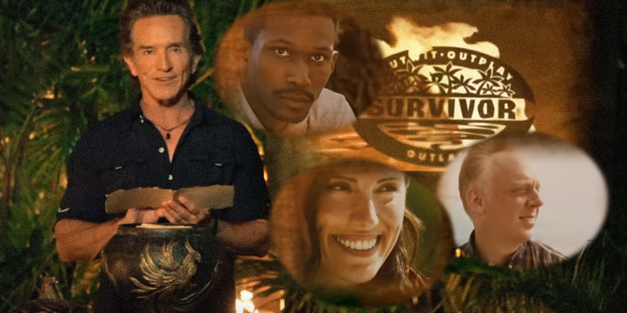 photo collage image Jeff Probst the host of Surviivor announcing the cast of the 50th season.