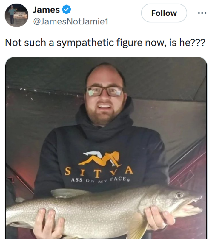 Tweet reading "Not such a sympathetic figure now, is he???" with a man holding a fish.