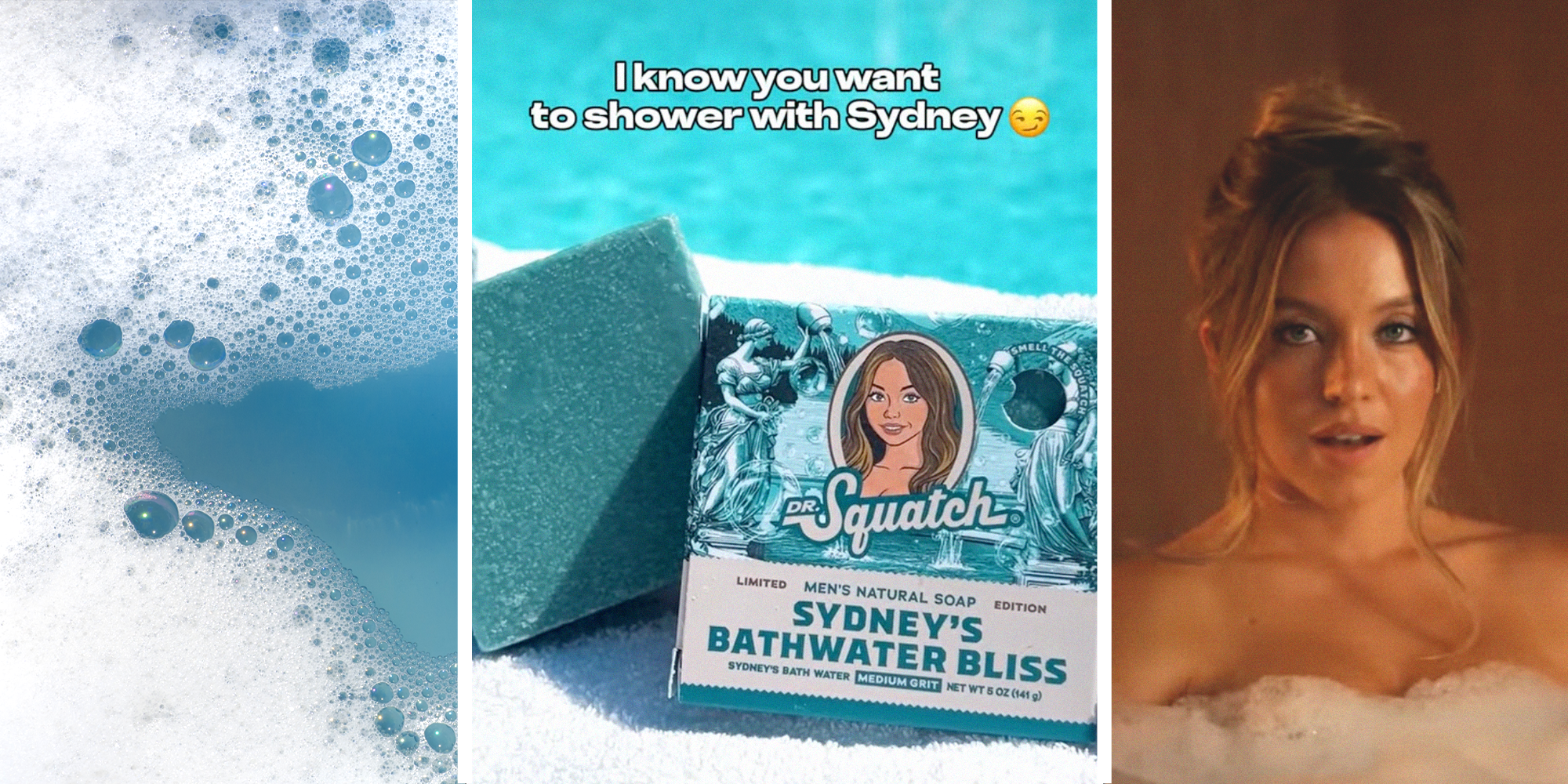 3 panel image of a close up of bathwater, Dr.Squatch bar soap, and Sydney Sweeney in a bathtub