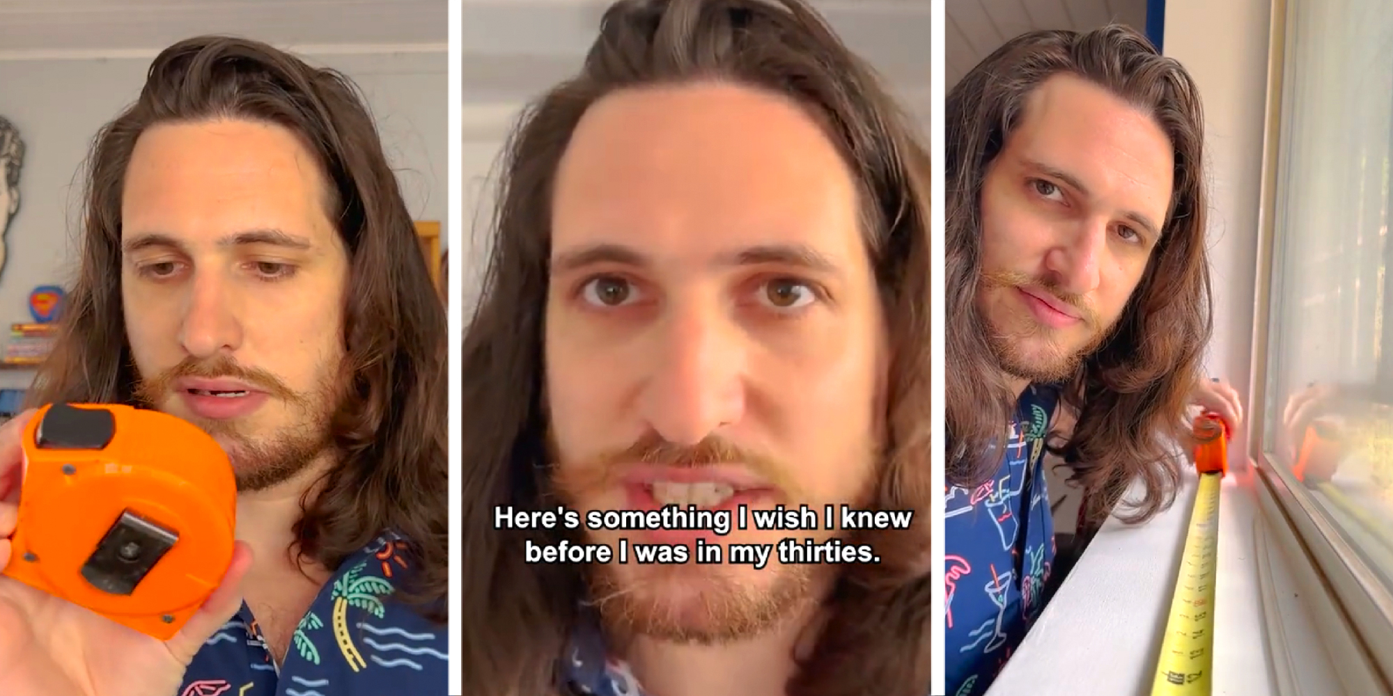 3 panel image from a TikTok post where a person explains an interesting fact about tape measures.