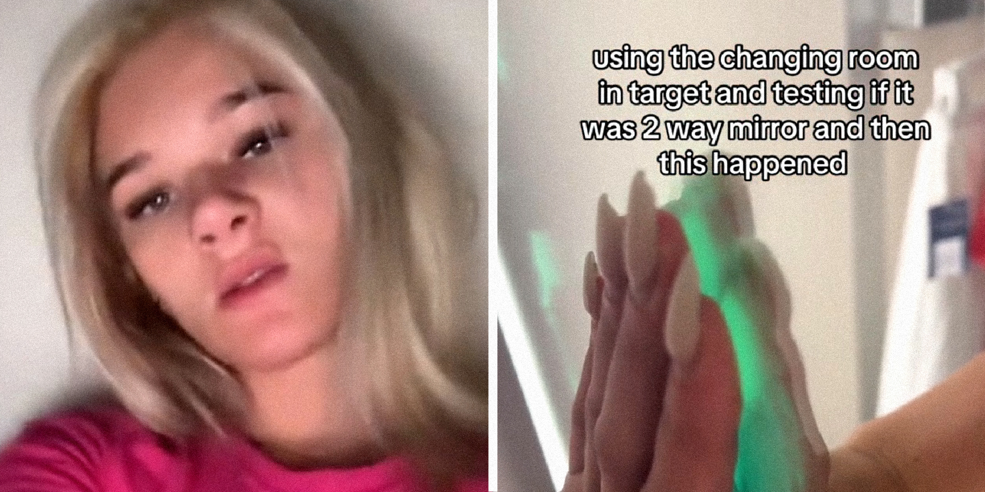 2 panel image of a person's face, and a person's hand pressed against a mirror as a green glow emanates.