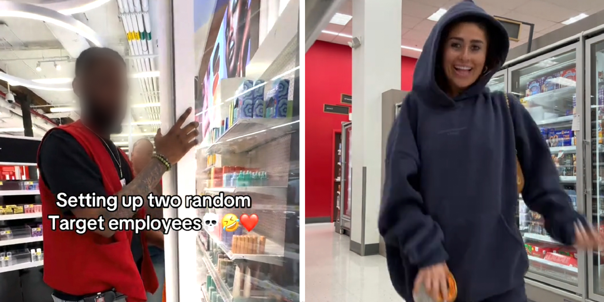 2 panel image: Two Target employees and a hooded figure in a Target.