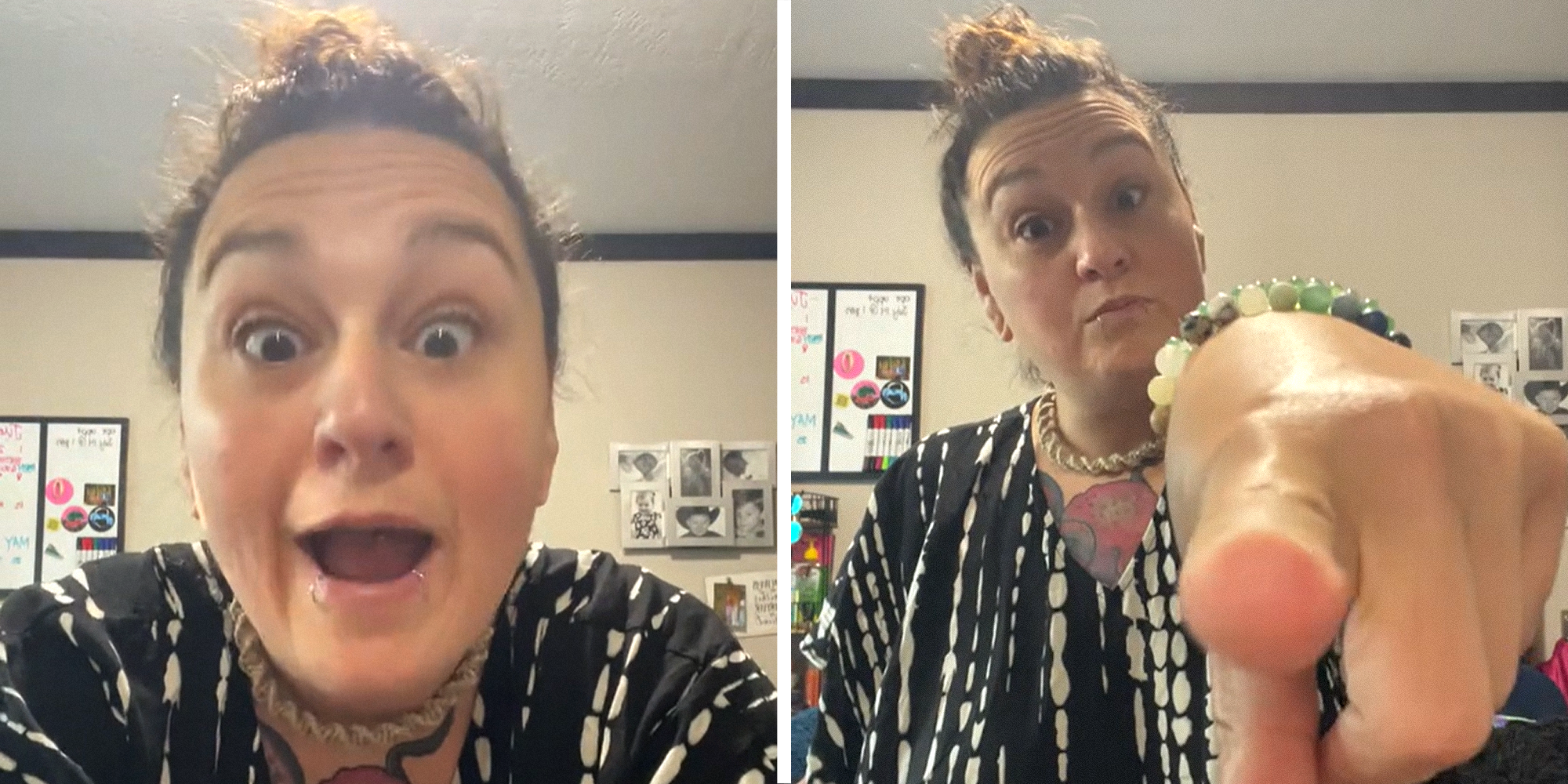 2 panel image. Woman yelling with mouth open on left. Same woman pointing at camera on right.