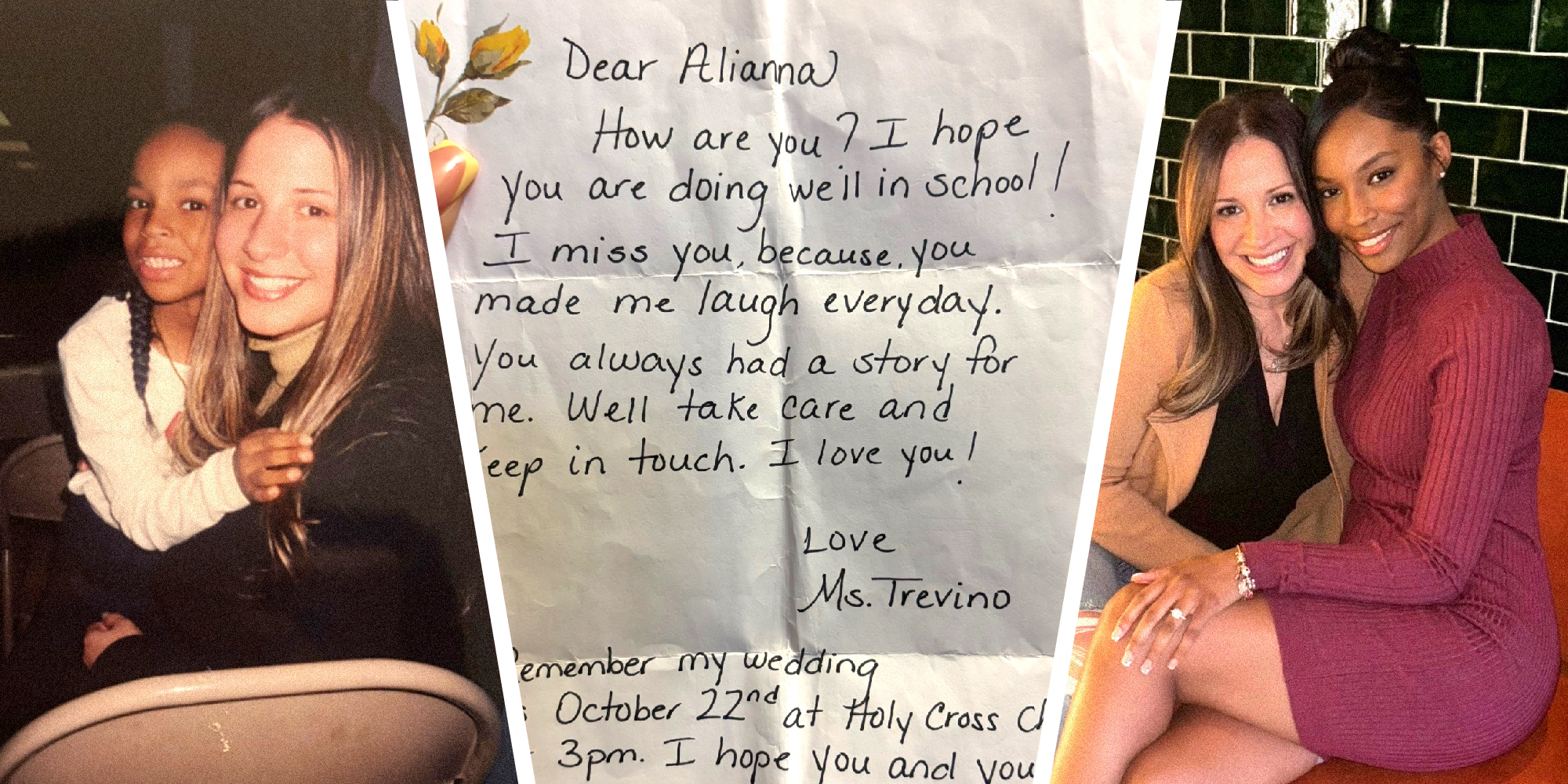 3 panel image showing the student and teacher mentioned as well as a letter the student wrote the teacher.