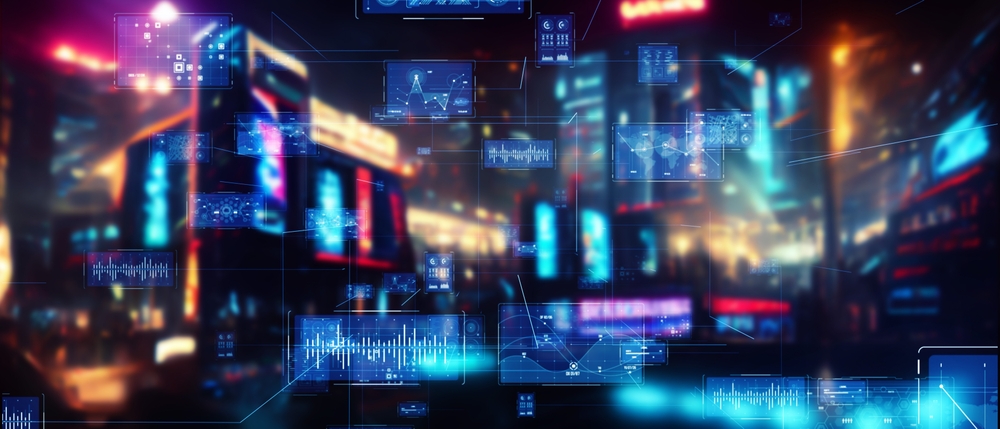 Glowing monitors float in a surreal scene.