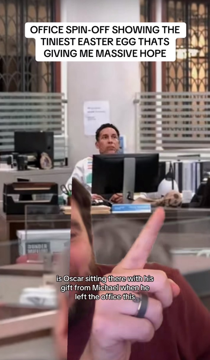 TikToker greenscreened over an image still from 'The Paper' pointing at a doll that Oscar Martinez was given by his old boss Michael when he left the company.