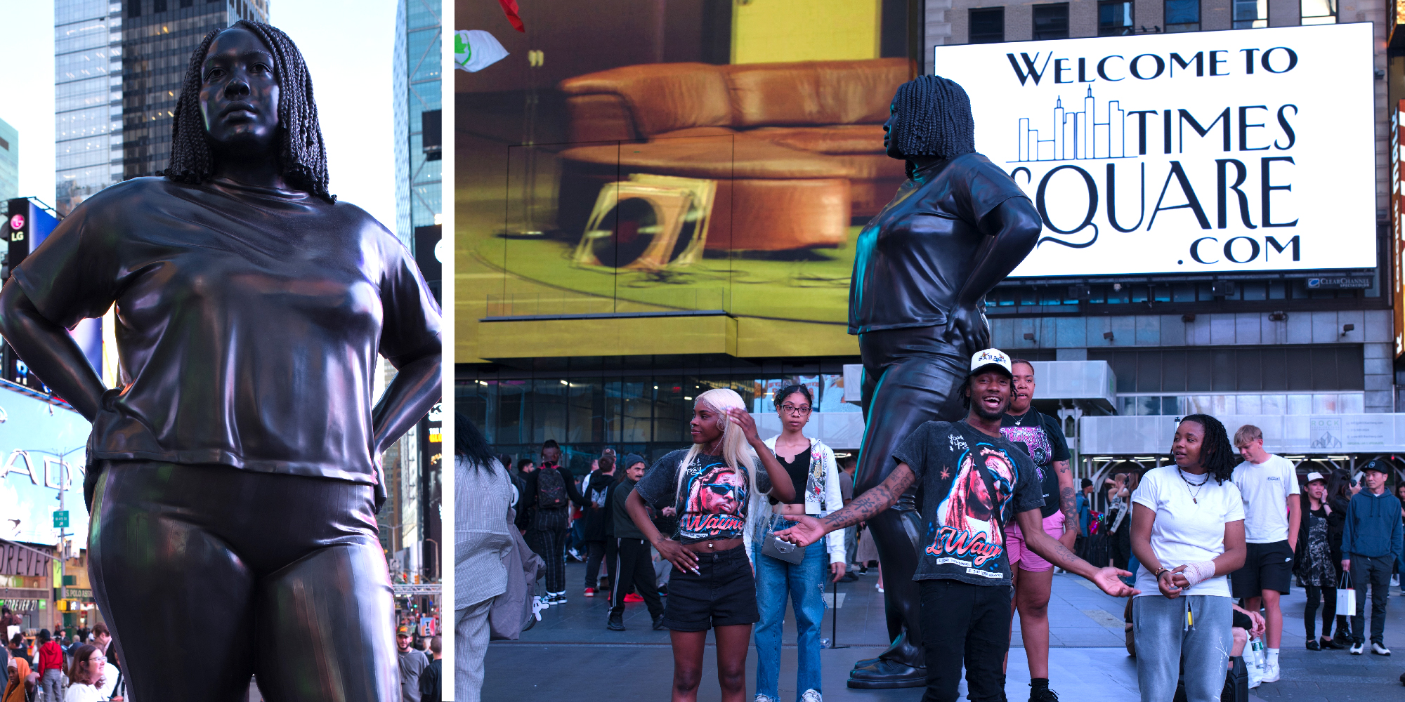 2 panel image of the Thomas J. Price statue of a black woman in Tiimes Square and people around it.