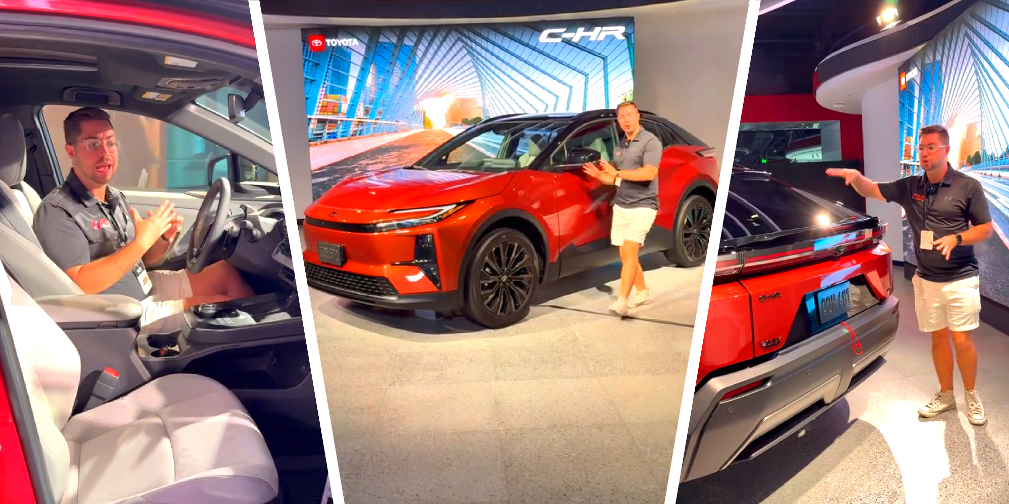 3 panel image from a video of a person demonstrating the yet to be released, new vehicle.