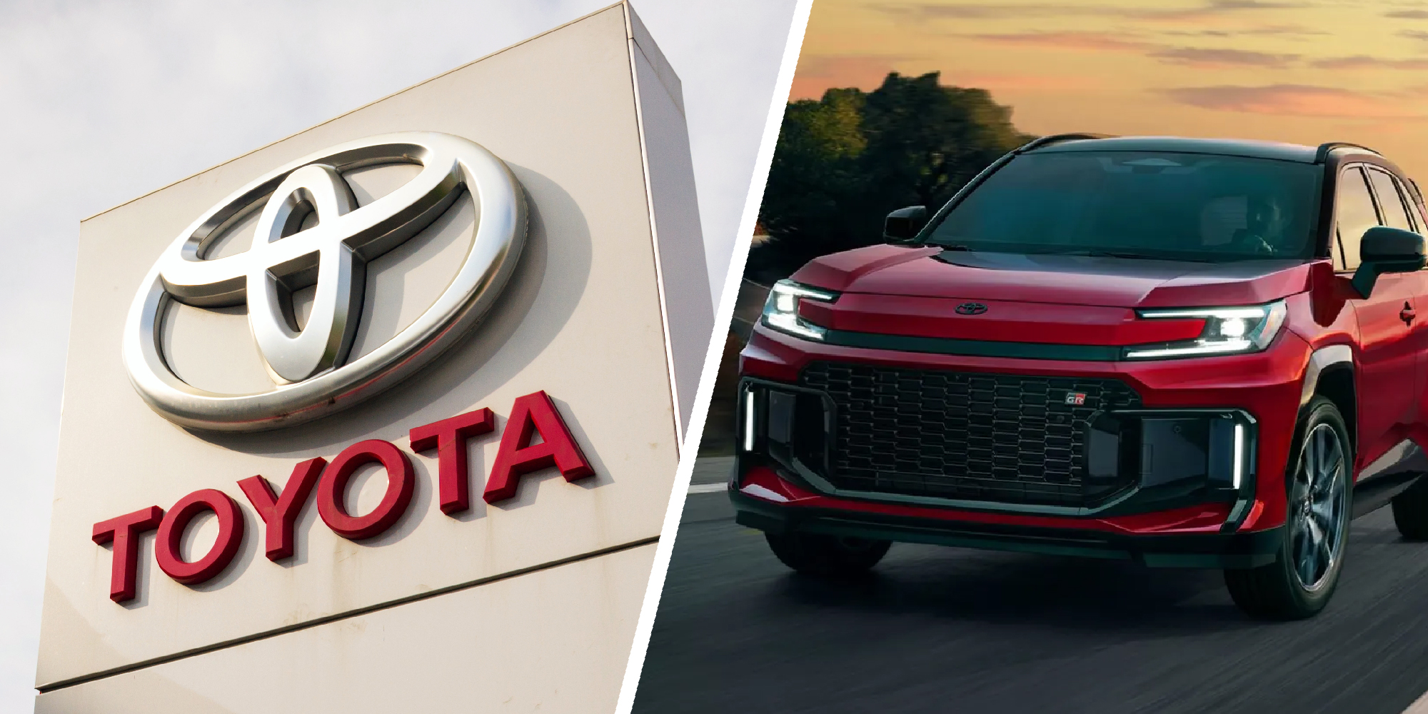 2 panel image showing the Toyota dealership sign and a new 2026 Toyota Rav4.