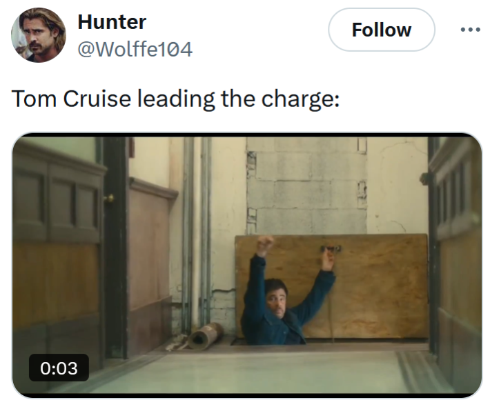 Tweet reading "Tom Cruise leading the charge:" with a film gif.