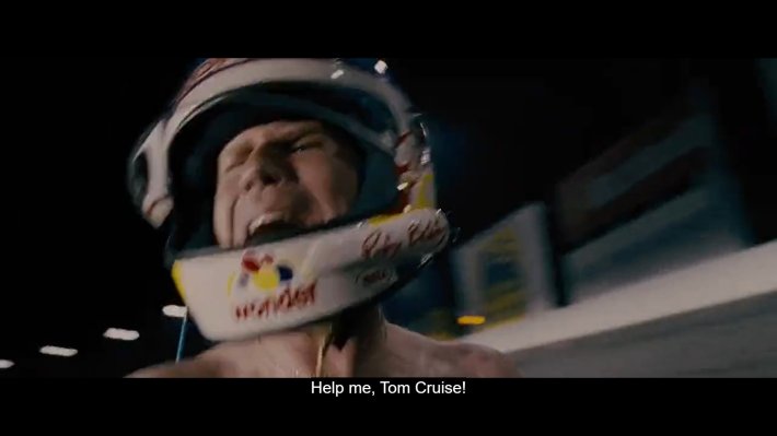 Screenshot from Talladega Nights: The Ballad of Ricky Bobby with Will Farrell yelling "Help me, Tom Cruise!"
