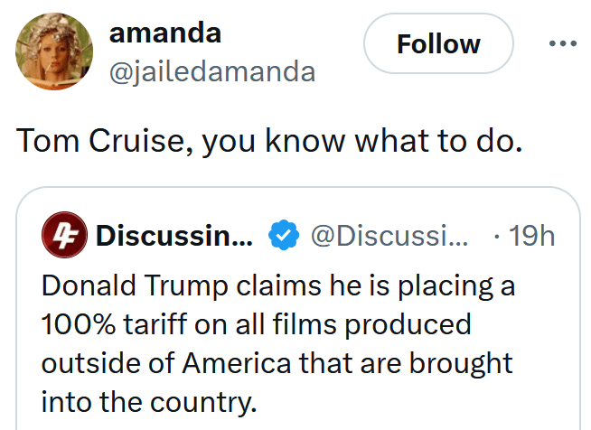 Tweet reading "Tom Cruise, you know what to do."