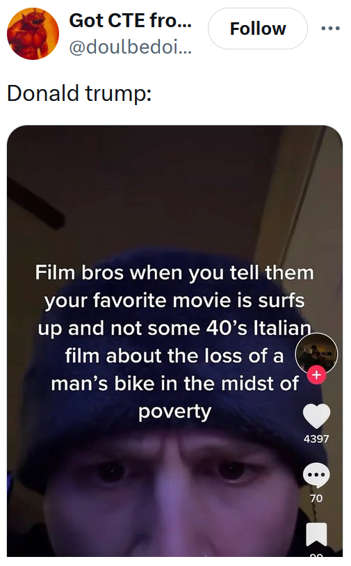 Tweet reading "Donald trump:" with an Instagram screenshot about film bros.