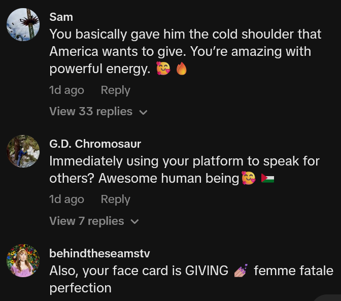 TikTok comments including one reading "You basically gave him the cold shoulder that America wants to give. You’re amazing with powerful energy."