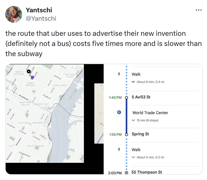 Tweet that reads, "the route that uber uses to advertise their new invention (definitely not a bus) costs five times more and is slower than the subway"