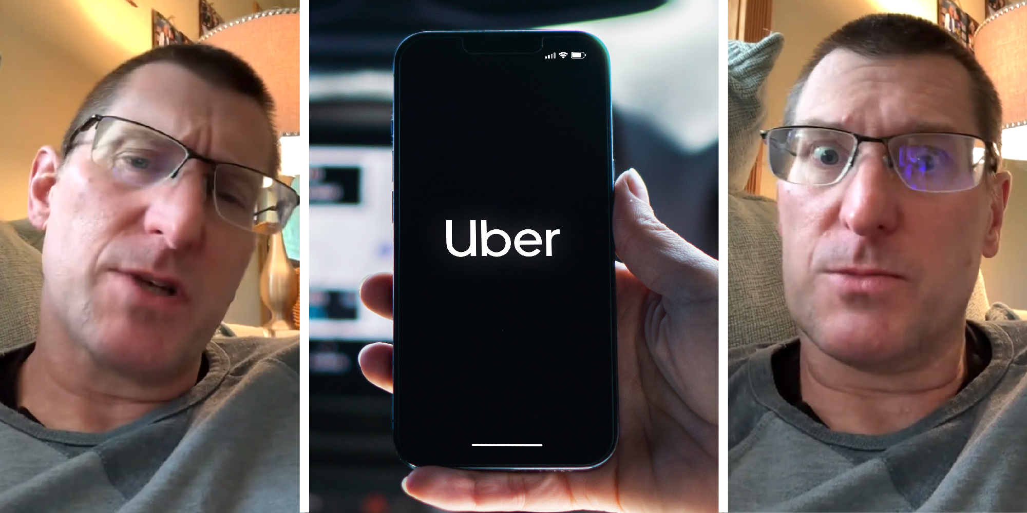 3 panel image of a person explaining and a hand holding a phone with the Uber symbol on it.