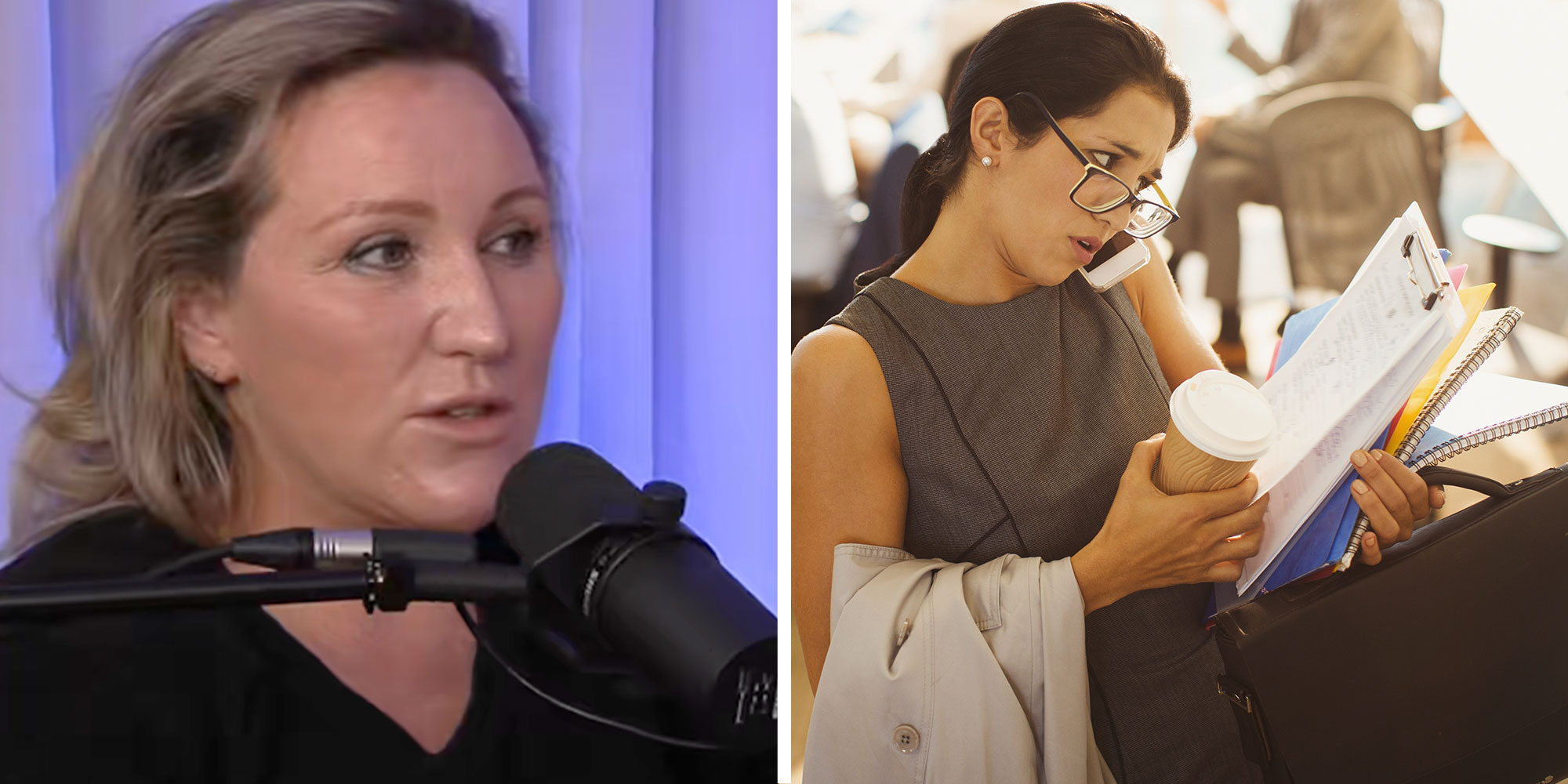 Screenshot from Tiktok user @canweberealpod; Photo of a Stressed out business woman with a briefcase.