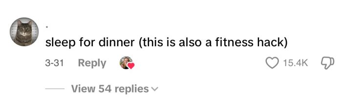 Unhinged money saving hack post about sleeping for dinner.