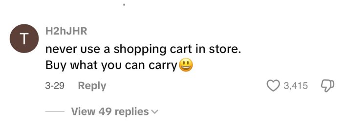 Unhinged money saving hack post about not using grocery carts.