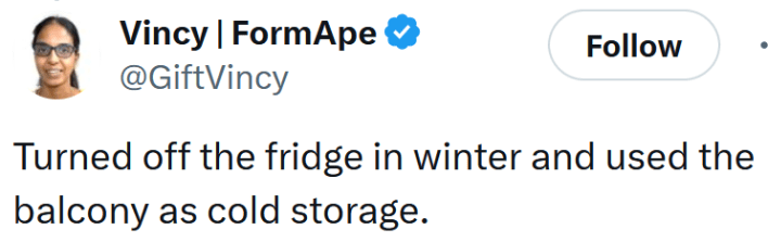 Tweet reading "Turned off the fridge in winter and used the balcony as cold storage."