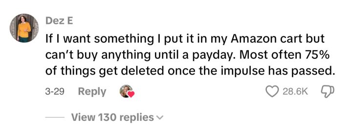 Unhinged money saving hack post about refusing to buy what's in the Amazon cart until pay day.