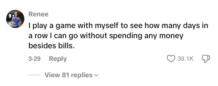 Unhinged money saving hack post about going as many days without spending as possible.