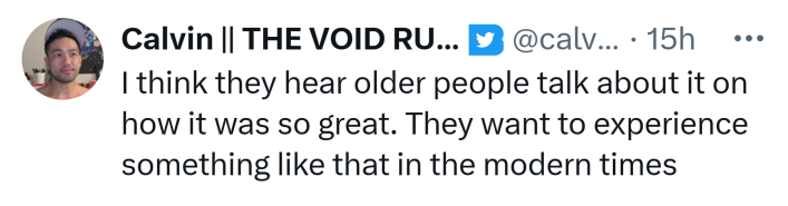 Untitled music app reaction: Tweet that reads, "I think they hear older people talk about it on how it was so great. They want to experience something like that in the modern times"