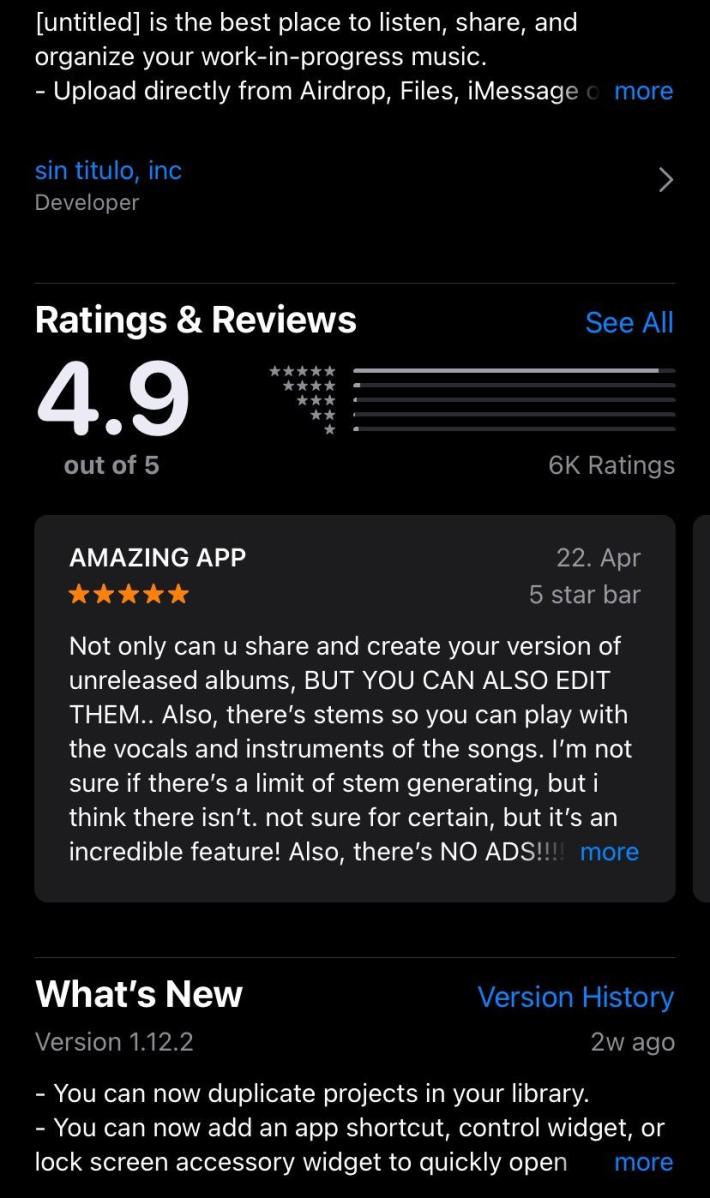 Screenshot of [untitled]'s App Store page with a 4.9/5 star rating.