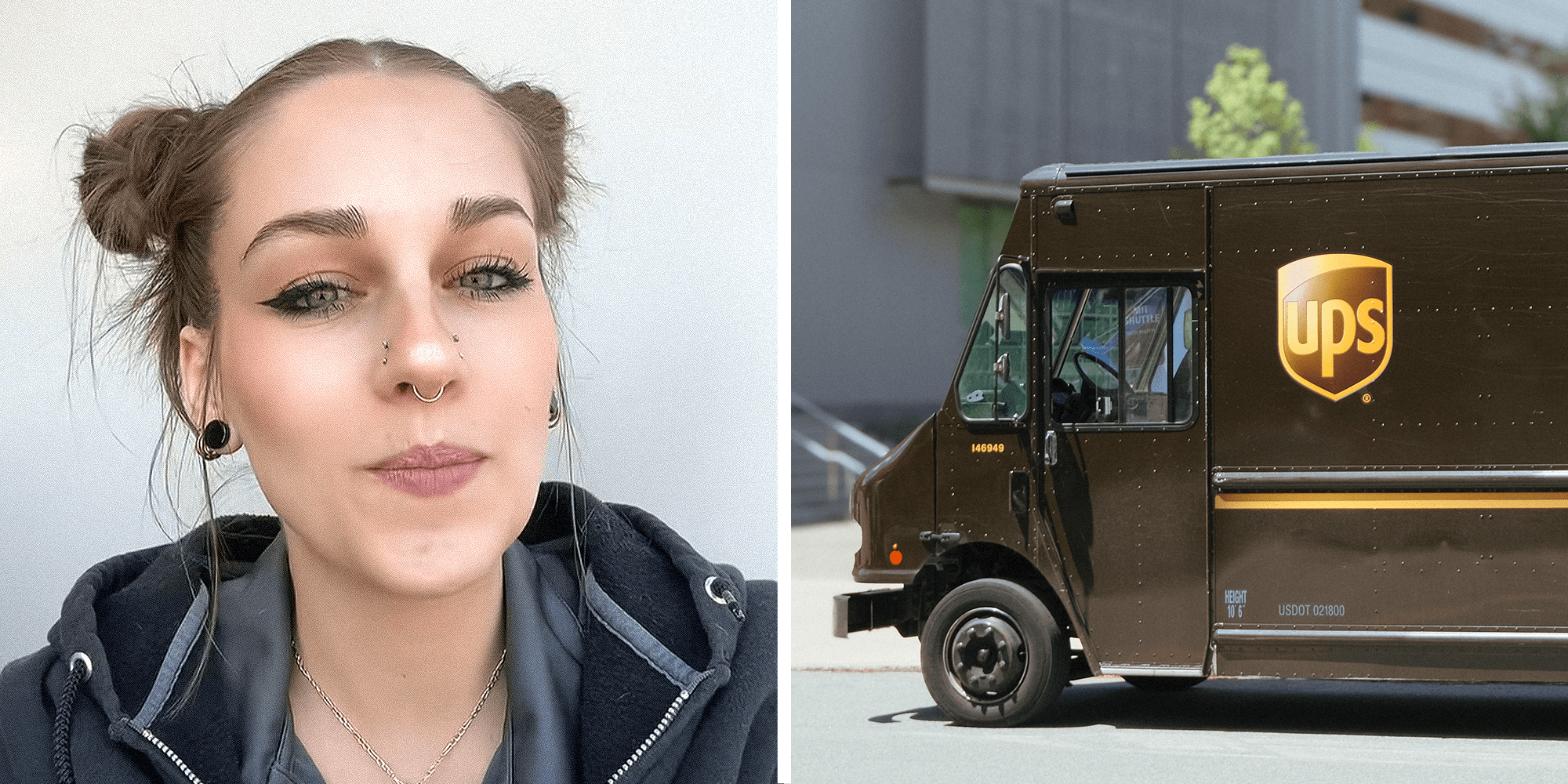 Two image split. Woman looking into camera on left. UPS delivery truck on right.