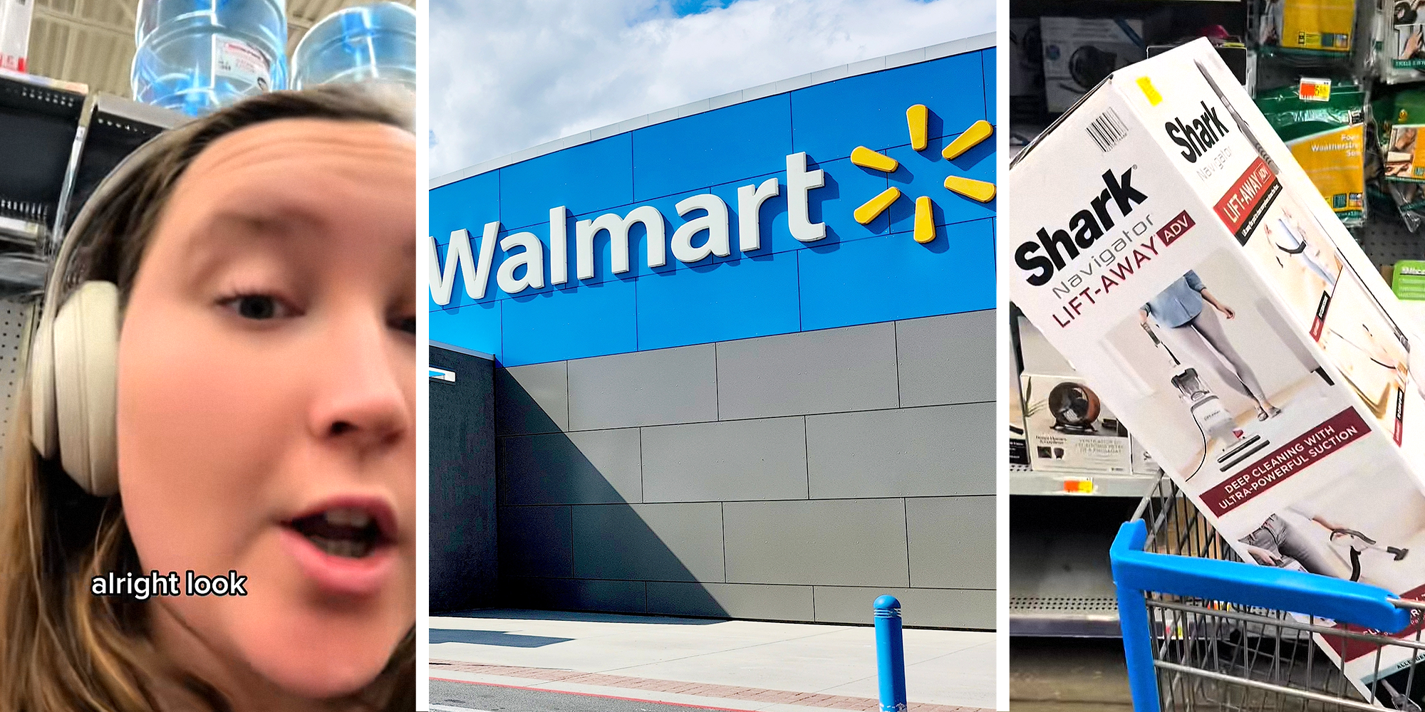 3 panel image. Woman, excited, with caption that reads: "all right look" on left. Walmart in center. Vacuum in cart on left.