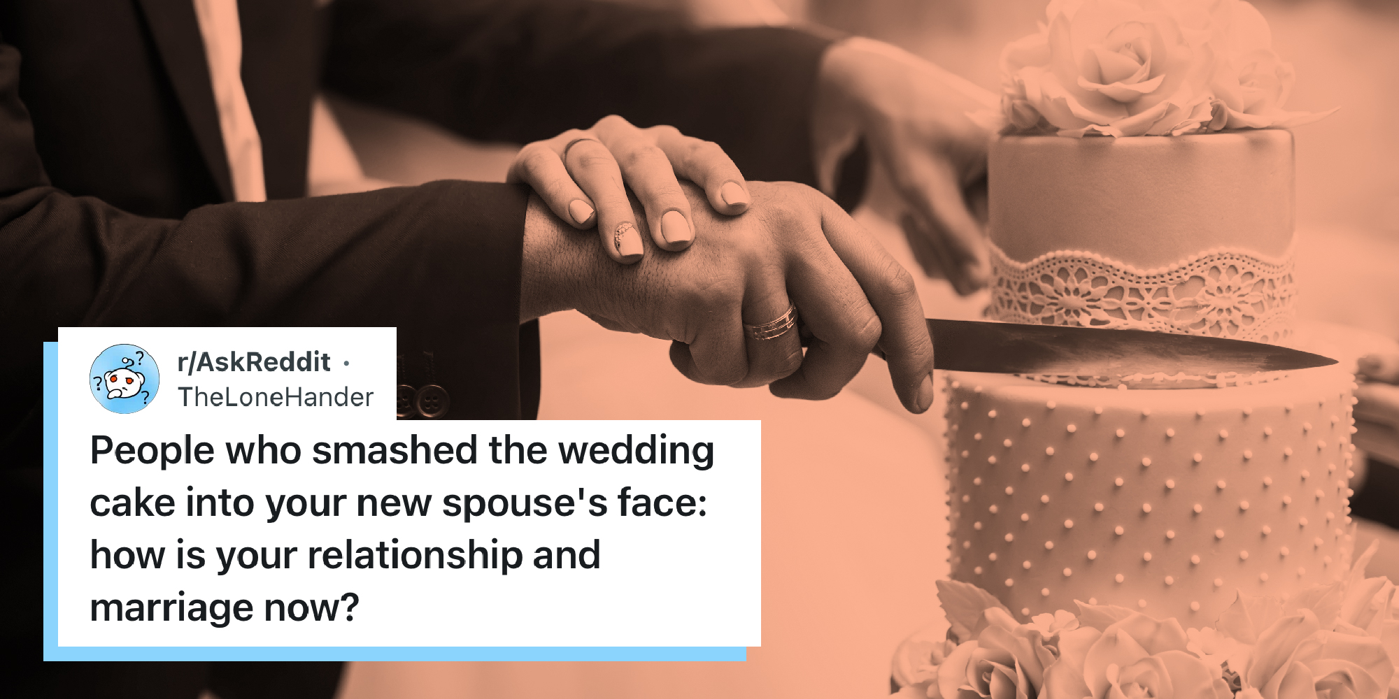 Photo of a bride and groom cutting their wedding cake with the Reddit post overlaid.